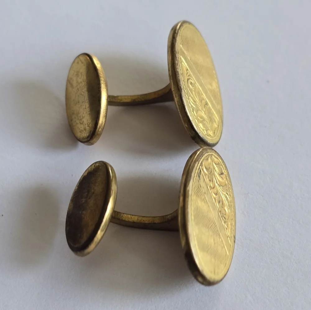 Vintage cuff links gold tone oval engraved leaves lines edwardian art deco